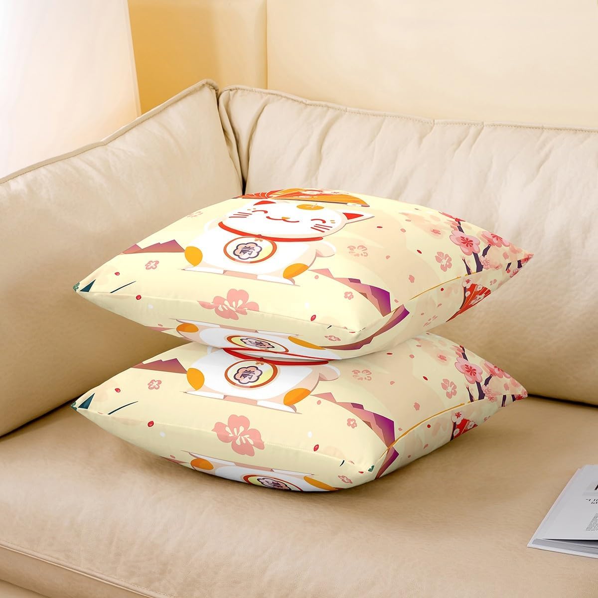 jejeloiu Kids Cherry Blossoms Throw Pillow Covers 22"x22" Set of 2 Boys Girls Sakura Flower Decorative Pillow Case Pillowcase Japanese Style Cushion Cover Kawaii Cat Pattern Outdoor Pillows Covers