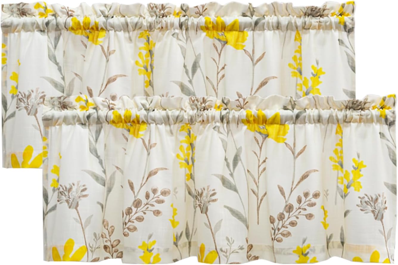 July Joy Printed Valance Linen Textured for Living Room Floral Leaf Design Sheer Curtains Farmhouse Style Window Panel Drapes Set Rod Porket Treatment for Bedroom, Dining, 52 x 18 inch, Yellow