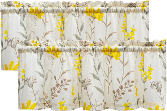 July Joy Printed Valance Linen Textured for Living Room Floral Leaf Design Sheer Curtains Farmhouse Style Window Panel Drapes Set Rod Porket Treatment for Bedroom, Dining, 52 x 18 inch, Yellow