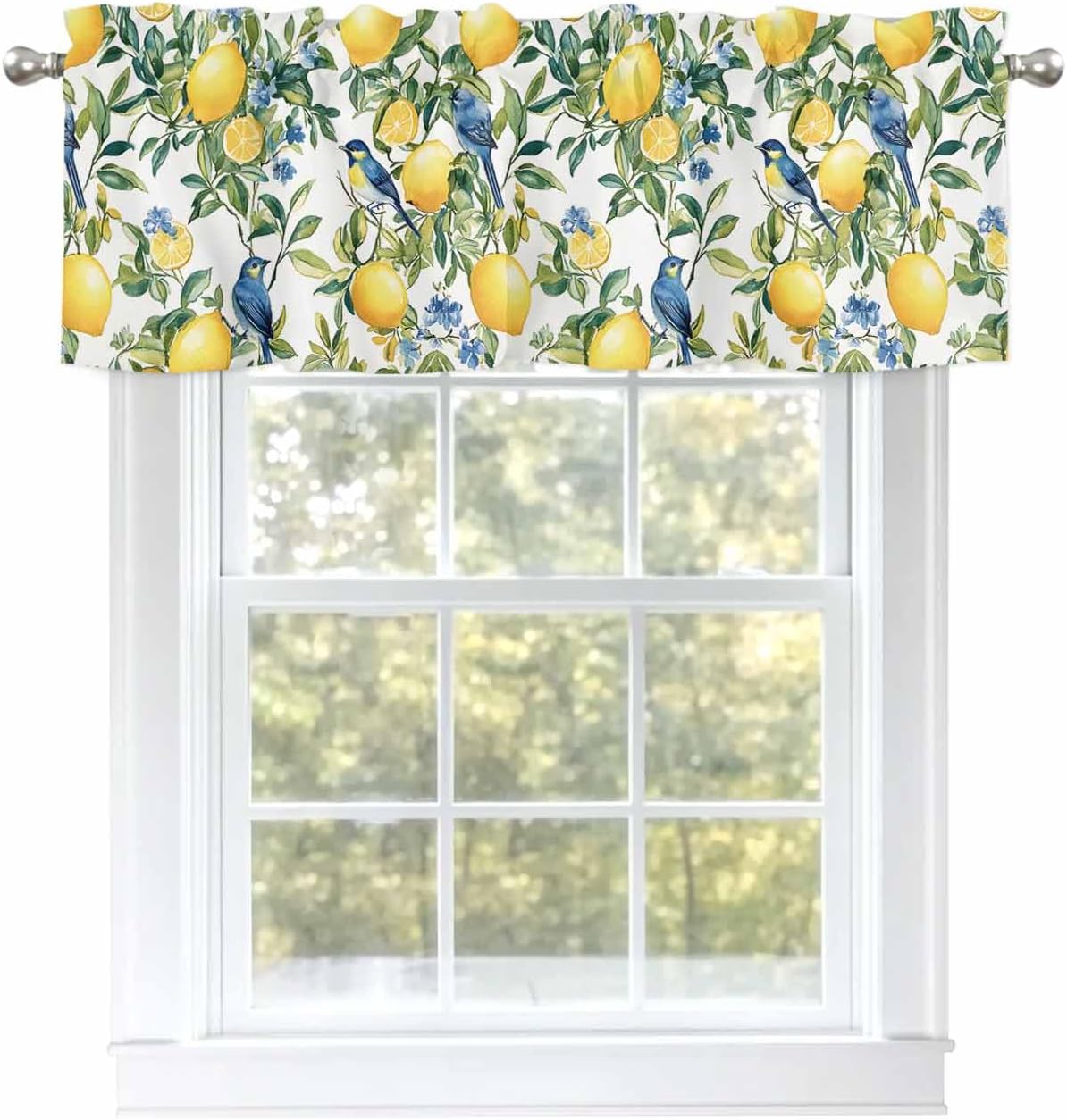 Chinoiserie Tropical Valances for Windows Yellow Lemon Blue Bird Pattern Kitchen Valance Curtains for Living Room/Bathroom Windows，Rod Pocket Cafe Curtain,1 Panel, 42" x12