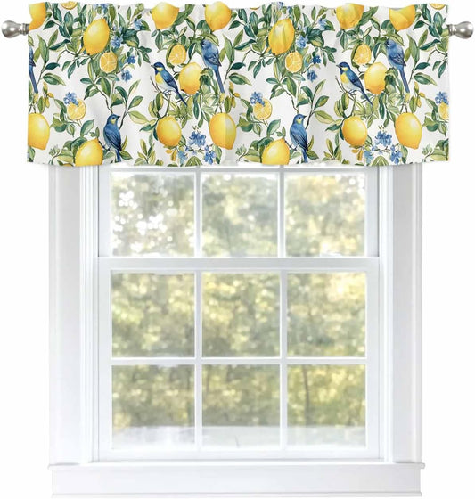 Chinoiserie Tropical Valances for Windows Yellow Lemon Blue Bird Pattern Kitchen Valance Curtains for Living Room/Bathroom Windows，Rod Pocket Cafe Curtain,1 Panel, 42" x12
