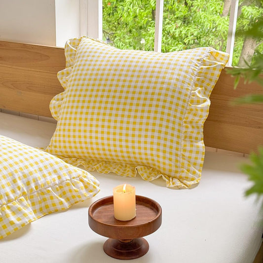 NSNLGSGC Yellow Ruffled Plaid Gingham Pillow Shams 20"x20", Set of 2 Taupe Checked Pre-Washed Microfiber Farmhouse Pillowcases for Bed/Sofa (20"x20", Yellow Gingham)