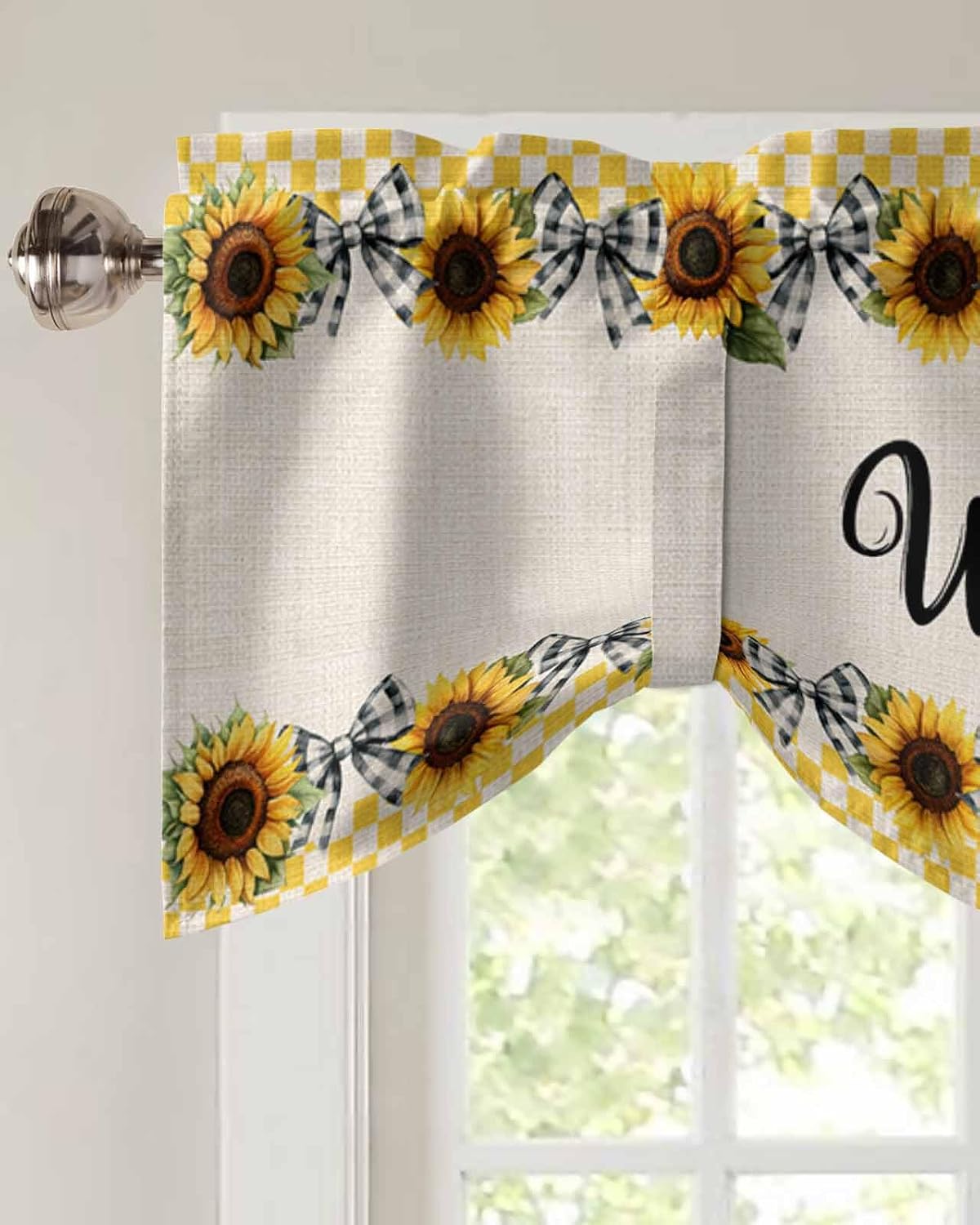 Sunflower Tie Up Valances for Windows, Welcome Bow Yellow Buffalo Plaid Rustic Linen Rod Pocket Tie-up Valance Curtains, Adjustable Short Window Treatment for Kitchen Living Room Bathroom 54”x18”
