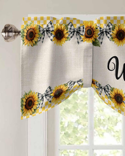Sunflower Tie Up Valances for Windows, Welcome Bow Yellow Buffalo Plaid Rustic Linen Rod Pocket Tie-up Valance Curtains, Adjustable Short Window Treatment for Kitchen Living Room Bathroom 54”x18”