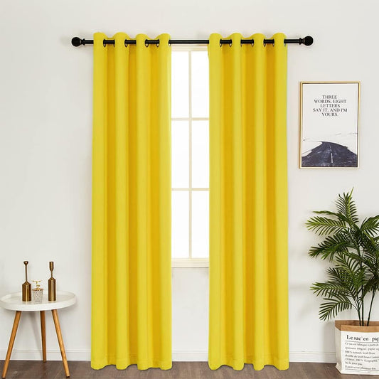 MERRYLIFE Thermal Insulated Grommet Blackout Curtain Decorative Window Curtain Panels Top Panel Drapes for Bedroom 54W×84L 1 Pair 2 Panels Yellow