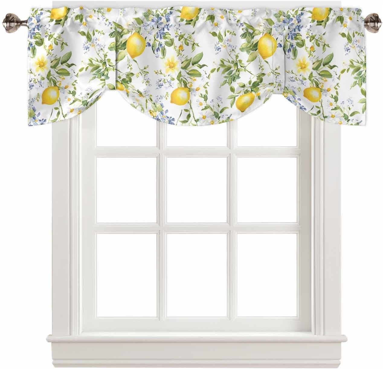 Summer Lemon Tie Up Valance for Window, Watercolor Yellow Spring Floral Botanical Adjustable Balloon Window Shade Valance Curtain for Kitchen Cafe Bathroom Window Treatment Panel 54''x18''