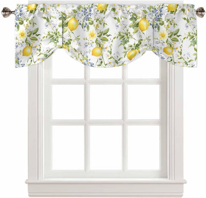 Summer Lemon Tie Up Valance for Window, Watercolor Yellow Spring Floral Botanical Adjustable Balloon Window Shade Valance Curtain for Kitchen Cafe Bathroom Window Treatment Panel 54''x18''