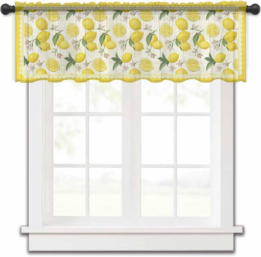 Yellow Summer Lemon Valance Curtains for Kitchen/Living Room/Bathroom/Bedroom Window, Summer Botanical Watercolor Rod Pocket Small Topper Half Short Window Curtains Voile Sheer Scarf, 54"x18"