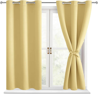 Hiasan Blackout Curtains for Bedroom - Thermal Insulated & Energy Saving Window Curtains for Living Room, 2 Drape Panels Sewn with Tiebacks, Light Yellow, 42 x 54 Inch