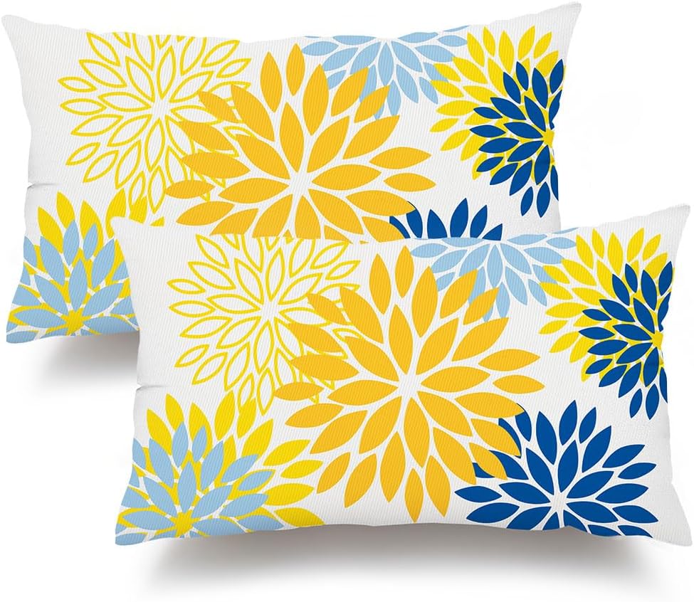 DFXSZ Yellow Blue Flower Pillow Covers 12x20 Inch Set of 2 Outdoor Throw Pillows Outdoor Waterproof Decor for Living Room Sofa Patio Funiture Garden Floral Polyester Pillow Covers 002J12
