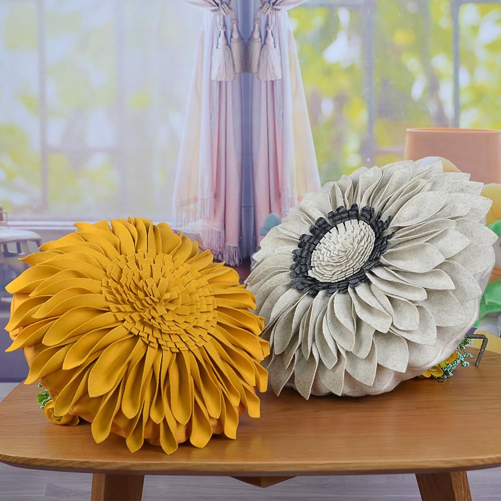 JWH 3D Sunflower Throw Pillow Cover, Gold Yellow, 12 Inch | Decorative Accent Case, Round Cushion, Small Floral Pillowcase, Home Bed Living Room Couch Car Pops