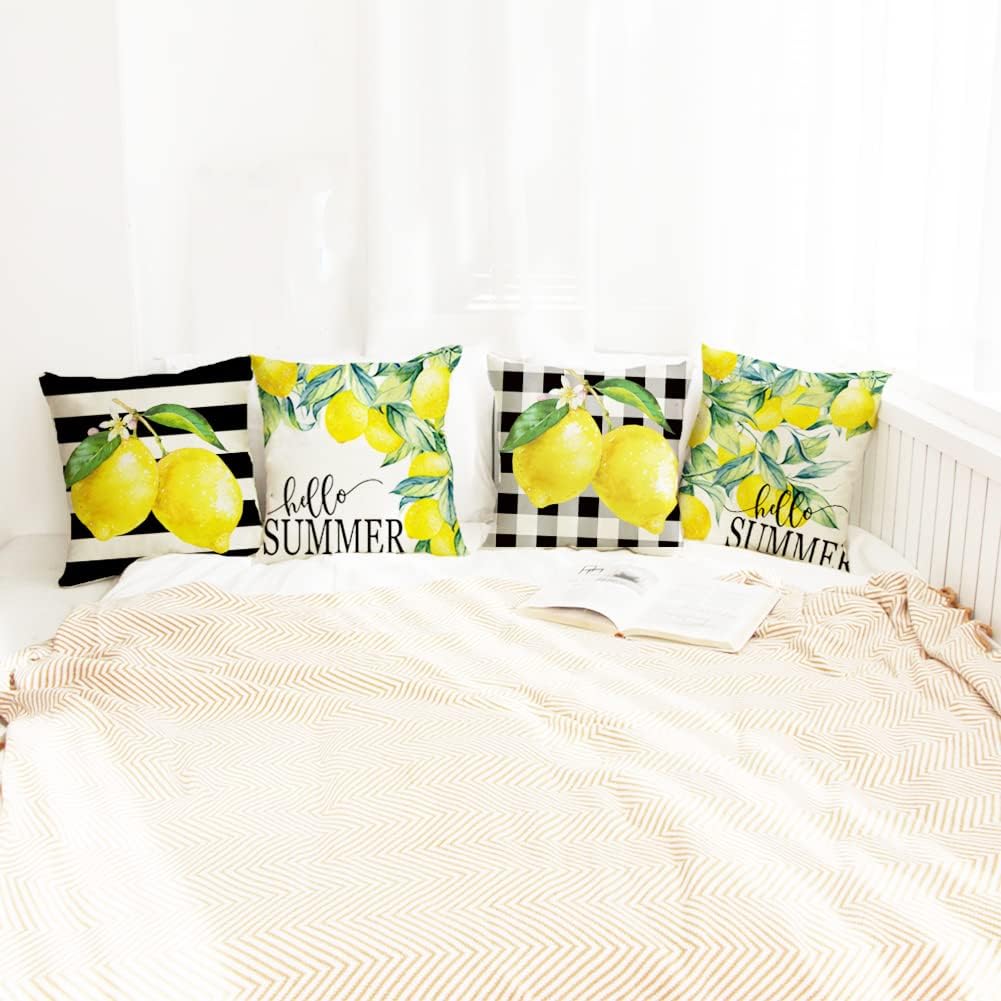 Ogiselestyle Watercolor Stripes Lemon Hello Summer Throw Pillow Cover, 18 x 18 Inch Buffalo Plaid Lemons Cushion Case for Sofa Couch Set of 4