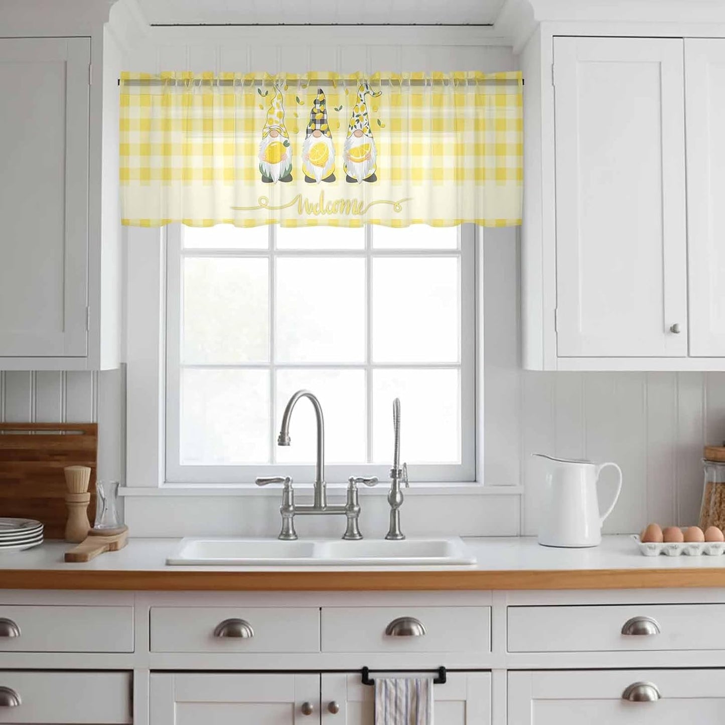 Lemon Dwarfs Sheer Valance Curtains, Gnome Green Leaf Yellow Plaid Welcome Light Filtering Kitchen Valances Rod Pocket Voile Curtain Window Treatment for Bedroom/Living Room/Basement 54Wx18L