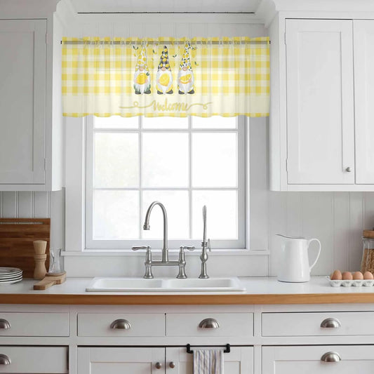 Lemon Dwarfs Sheer Valance Curtains, Gnome Green Leaf Yellow Plaid Welcome Light Filtering Kitchen Valances Rod Pocket Voile Curtain Window Treatment for Bedroom/Living Room/Basement 54Wx18L