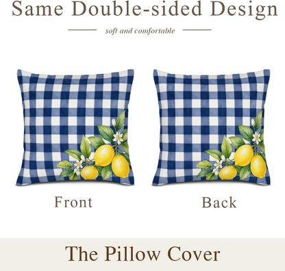 InkRain Lemon Fruit Blue White Gingham Check Grid Pattern Theme Pillow Cover 16x16 Inch Set of 2 Home Decor Summer Spring Kitchen Living House Room Sofa Decorative