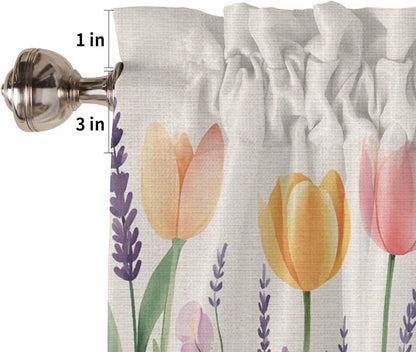 Spring Floral Valances for Windows, Pink Yellow Tulip Kitchen Curtains Window Treatment Decor, Summer Botanical Flowers Rod Pocket Short Window Valances for Living Room/Bedroom, 54" x 18"