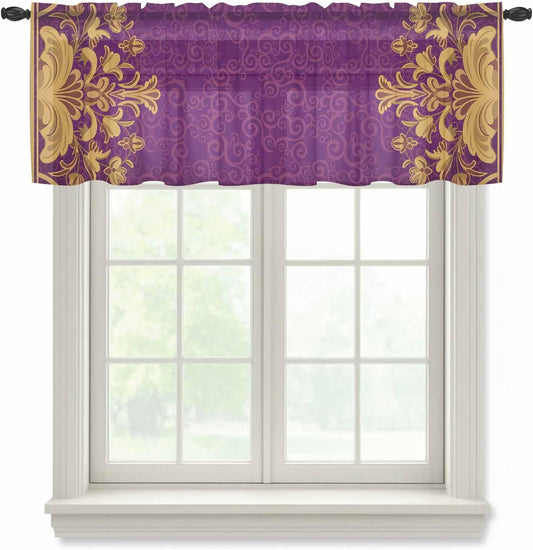 Vintage Purple Sheer Curtain 18 Inch Long Yellow Flower Lace Baroque Ethnic Style Light Filtering Rod Pocket Voile Curtain Valance for Bedroom Kitchen Cafe Window 54" W x 18" L