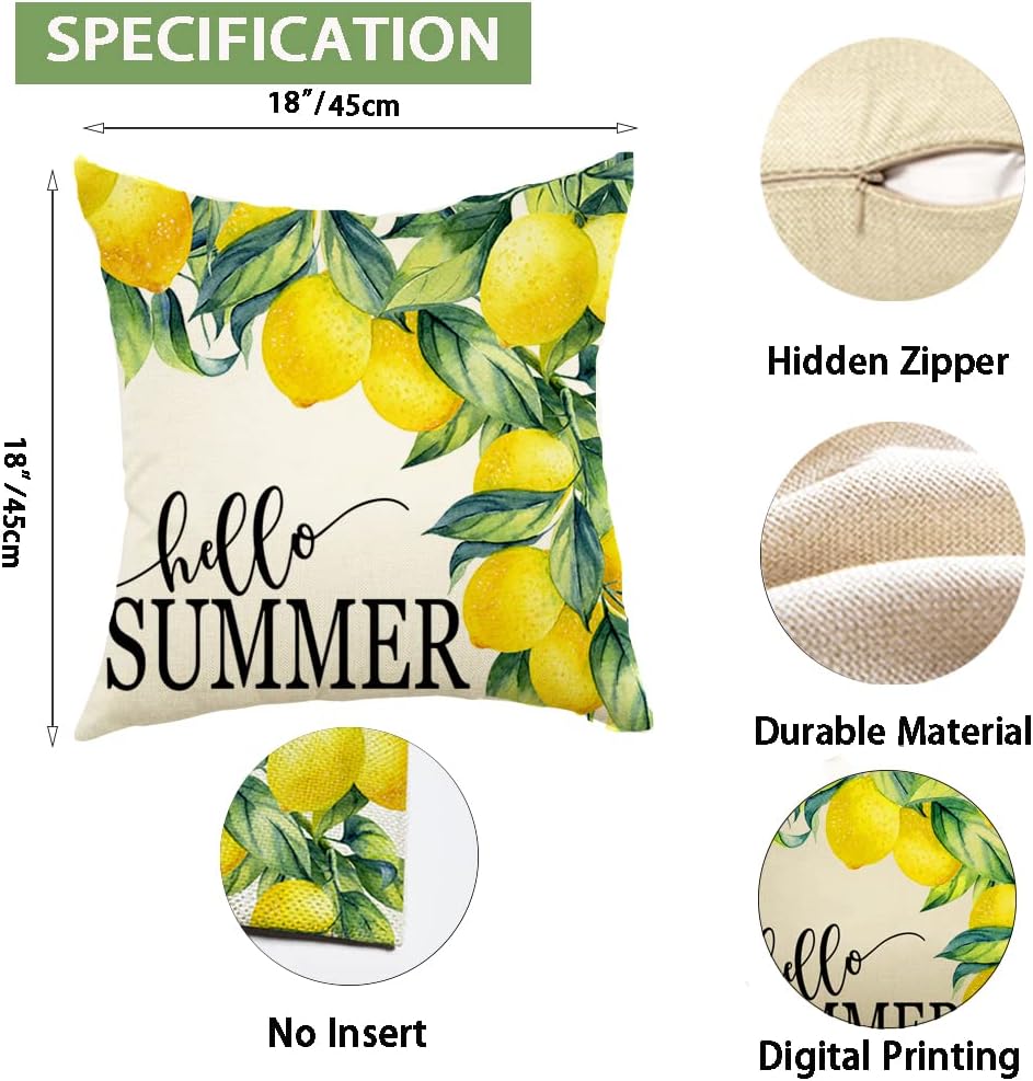 Ogiselestyle Watercolor Stripes Lemon Hello Summer Throw Pillow Cover, 18 x 18 Inch Buffalo Plaid Lemons Cushion Case for Sofa Couch Set of 4