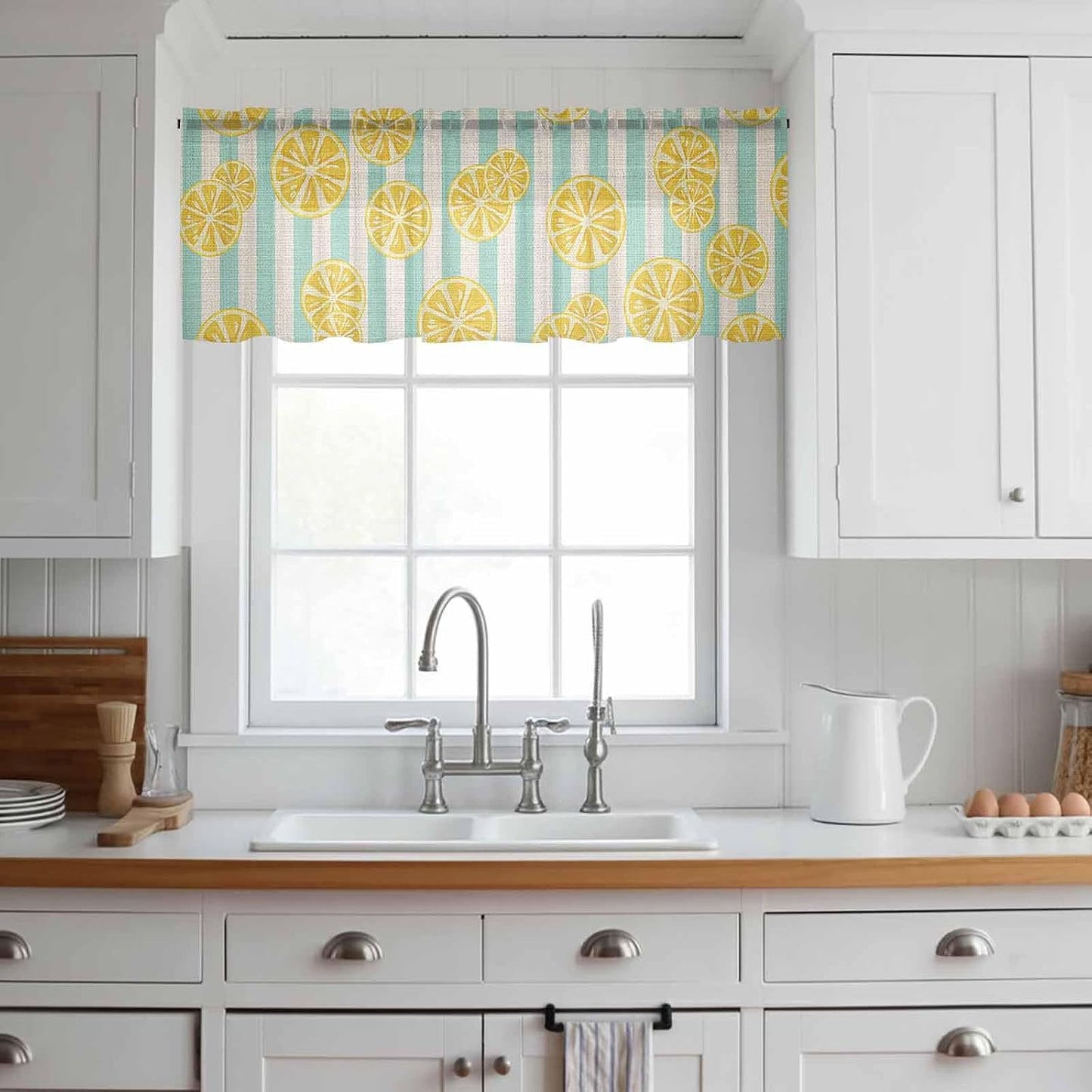 Stripes Lemon Sheer Curtain 18 Inch Long Cotton Linen Background Light Filtering Rod Pocket Voile Curtain Valance for Bedroom Kitchen Cafe Window 42" W x 18" L