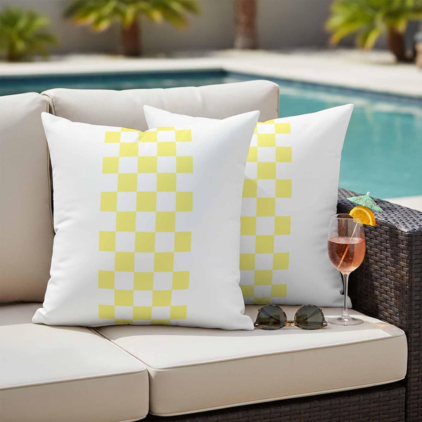 Outdoor Pillows 16x16 Inch Waterproof Outdoor Pillow Covers, Yellow Check Plaid Throw Pillow Covers Garden Cushion Decorative Case for Patio Couch Decoration Set of 2, Buffalo Farmhouse Style Pattern
