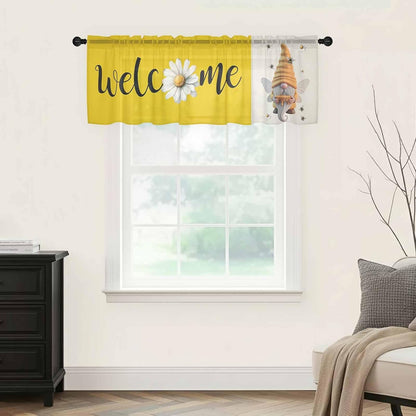 Honey Welcome Sheer Valance Curtains, Yellow Bee Gnome Wings Daisy Farmhouse Linen Light Filtering Kitchen Valances Rod Pocket Voile Curtain Window Treatment for Bedroom/Living Room/Basement 54Wx18L