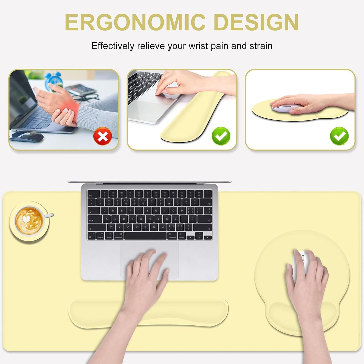 4 PCS Mouse Pad Desk Mat Protector, Keyboard Wrist Rest + Comfortable Mouse Pad with Wrist Rest +Coaster, Large Gaming Mousepad for Computer Laptop, 35.4" X 15.7" XXL Deskpad for Office Home I Yellow