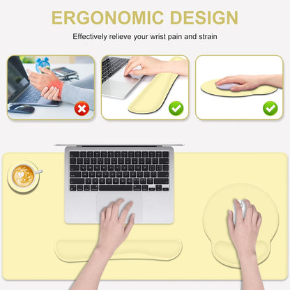 4 PCS Mouse Pad Desk Mat Protector, Keyboard Wrist Rest + Comfortable Mouse Pad with Wrist Rest +Coaster, Large Gaming Mousepad for Computer Laptop, 35.4" X 15.7" XXL Deskpad for Office Home I Yellow
