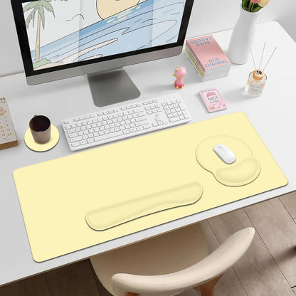 4 PCS Mouse Pad Desk Mat Protector, Keyboard Wrist Rest + Comfortable Mouse Pad with Wrist Rest +Coaster, Large Gaming Mousepad for Computer Laptop, 35.4" X 15.7" XXL Deskpad for Office Home I Yellow