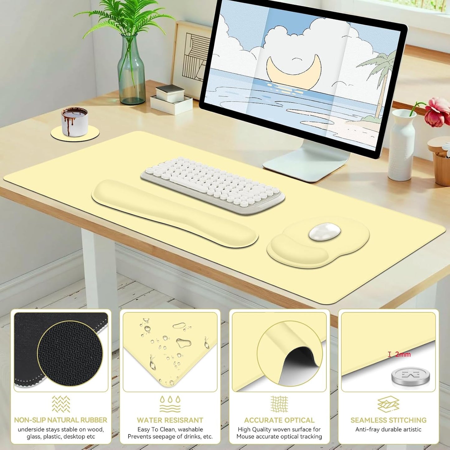 4 PCS Mouse Pad Desk Mat Protector, Keyboard Wrist Rest + Comfortable Mouse Pad with Wrist Rest +Coaster, Large Gaming Mousepad for Computer Laptop, 35.4" X 15.7" XXL Deskpad for Office Home I Yellow
