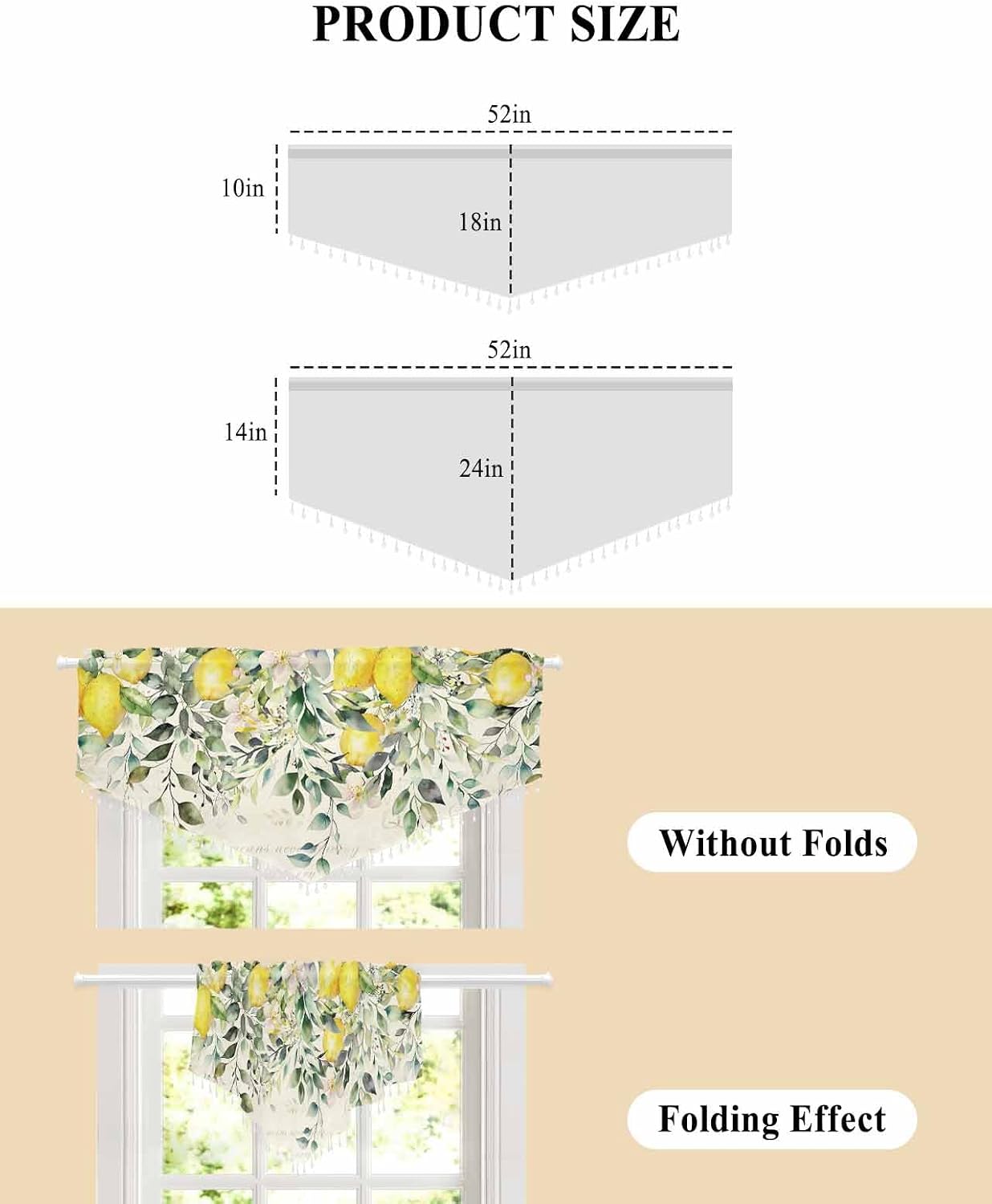 Summer Lemon Floral Beaded Sheer Curtains for Windows, Rod Pocket Triangle Semi Sheer Swag Valance Sage Green Eucalyptus Leaves Botanical Tassel Bead Trim Toppers Window Treatment Panel 52''x18'' 1PCS