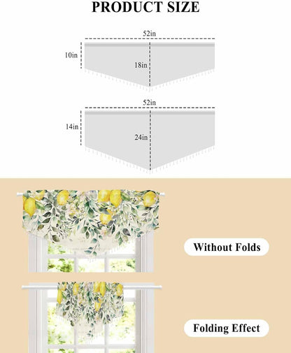 Summer Lemon Floral Beaded Sheer Curtains for Windows, Rod Pocket Triangle Semi Sheer Swag Valance Sage Green Eucalyptus Leaves Botanical Tassel Bead Trim Toppers Window Treatment Panel 52''x18'' 1PCS