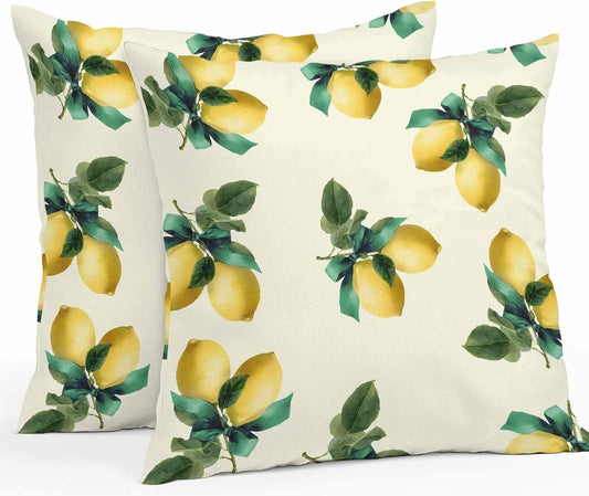 Summer Lemon Outdoor Waterproof Pillow Covers Pack of 2, Country Watercolor Farm Yellow Fruit Green Leaf Bow Throw Pillowcases Decorative Cushion Covers for Garden Patio Tent Sofa Couch, 16x16 inch
