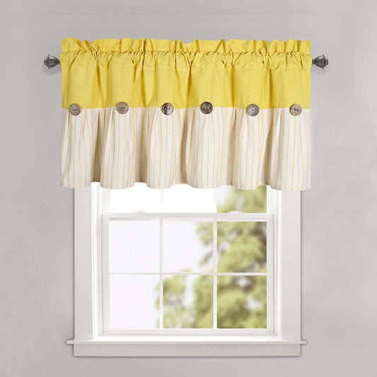 DOSLY Ides Farmhouse Rustic Cotton Valance Curtain, Yellow Striped Pleated Design with Coconut Buttons, Multi-Room Window Treatment for Kitchen Living Room Bedroom, 52" W x 18" L