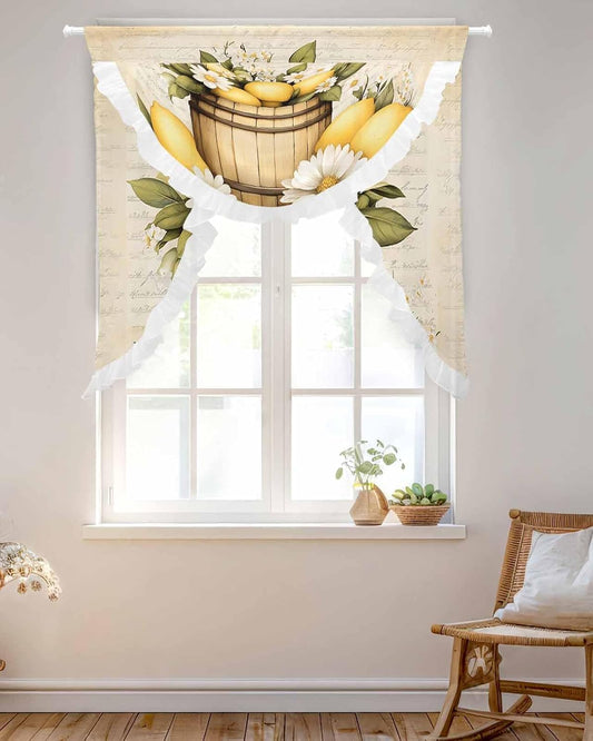 Vintage Lemon Swag Waterfall Valances for Living Room Bedroom Kitchen Windows,Yellow Fruit Blossoming Botanical Flower Semi-Sheer Rod Pocket Curtains Light-Filtering Drape with Lace,39.4" Wx41.3 L