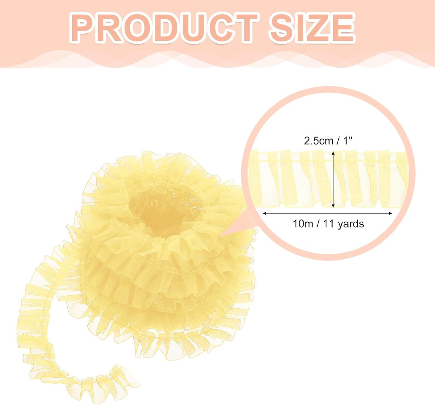 uxcell 11 Yards Ruffle Lace Trim Ribbon, 1" Width, Polyester, Light Yellow, Classic, Formal, Floral Pattern, Perfect for DIY Crafts, Clothing, Home Decoration