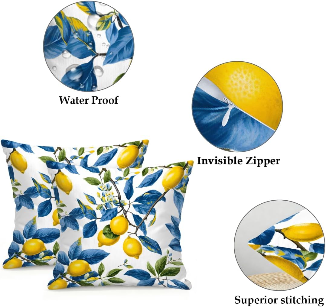 Outdoor Throw Pillow Covers Summer Lemon Blue Leaves Waterproof Square Pillow Case 16x16 inch Set of 2 Farmhouse Cushion for Patio Garden