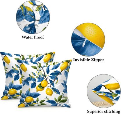 Outdoor Throw Pillow Covers Summer Lemon Blue Leaves Waterproof Square Pillow Case 16x16 inch Set of 2 Farmhouse Cushion for Patio Garden