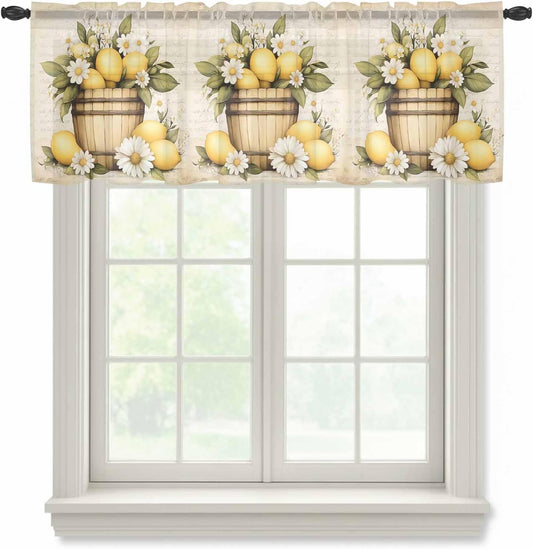 Vintage Lemon Sheer Curtain 18 Inch Long Daisy Leaves Fruit Letter Background Light Filtering Rod Pocket Voile Curtain Valance for Bedroom Kitchen Cafe Window 54" W x 18" L