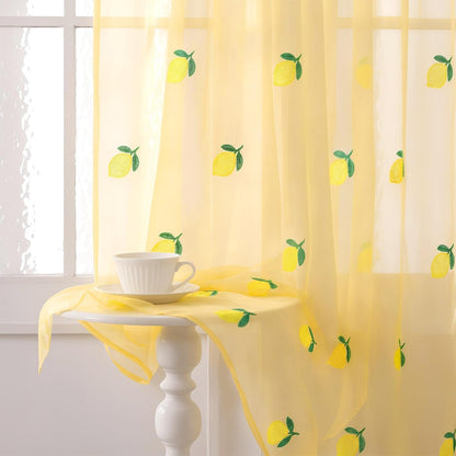Tegeme 2 Panels Lemon Sheer Curtains for Girl Boy Bedroom 84 Inches Long Embroidered Voile Curtains Decorative Coquettish Sheer Shades Linen Window Decor for Summer Home Party Office