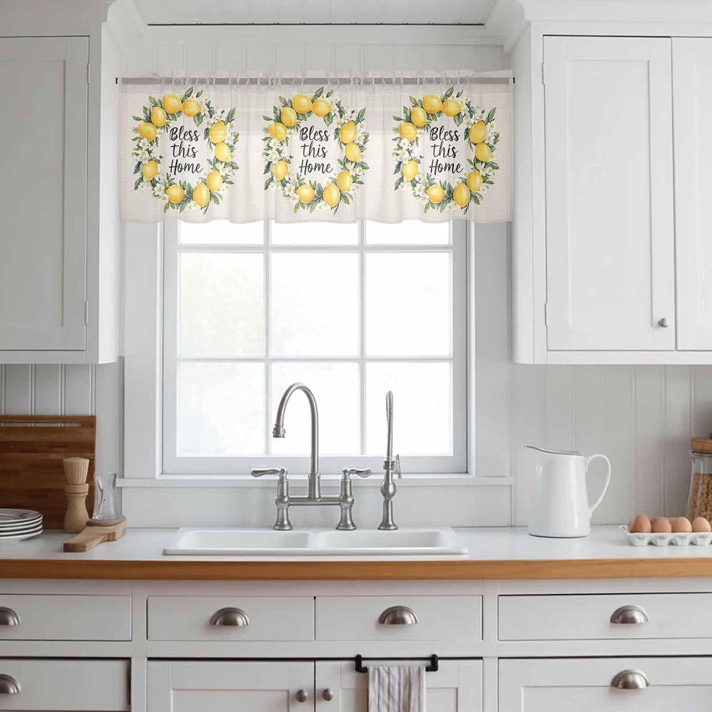 Country Bless This Home Sheer Curtain 18 Inch Long Yellow Lemon Linen Texture Light Filtering Rod Pocket Voile Curtain Valance for Bedroom Kitchen Cafe Window 54" W x 18" L