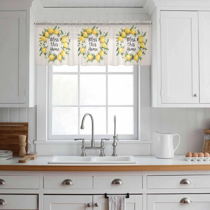 Country Bless This Home Sheer Curtain 18 Inch Long Yellow Lemon Linen Texture Light Filtering Rod Pocket Voile Curtain Valance for Bedroom Kitchen Cafe Window 54" W x 18" L