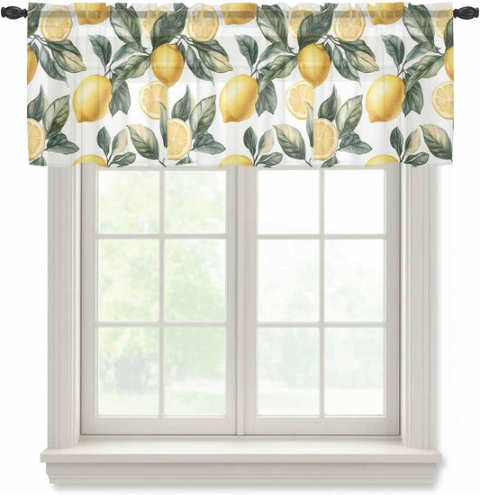 Farm Yellow Sheer Curtain 18 Inch Long Lemon Fruit Leaf Watercolor Plant Country Light Filtering Rod Pocket Voile Curtain Valance for Bedroom Kitchen Cafe Window 54" W x 18" L