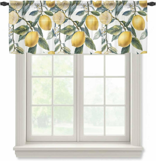 Vintage Lemon Sheer Curtain 18 Inch Long Watercolor Fruit Leaf Branch Country Style Light Filtering Rod Pocket Voile Curtain Valance for Bedroom Kitchen Cafe Window 54" W x 18" L