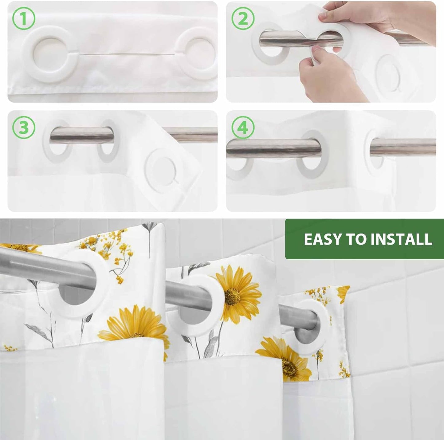 Floral Shower Curtain with No Hooks Snap in Liner Set, Yellow Flower Spring Bath Curtains See Through Sheer Top Window for Bathroom Hotel Style Decor,54"x78"