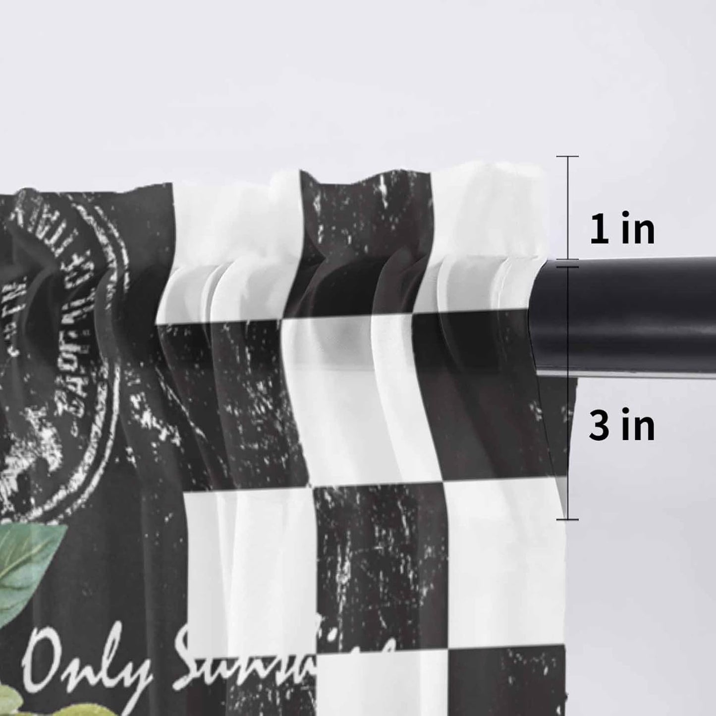 Summer Lemon Sheer Curtain 18 Inch Long Farm Plant Floral Leaf Black White Plaid Retro Light Filtering Rod Pocket Voile Curtain Valance for Bedroom Kitchen Cafe Window 54" W x 18" L