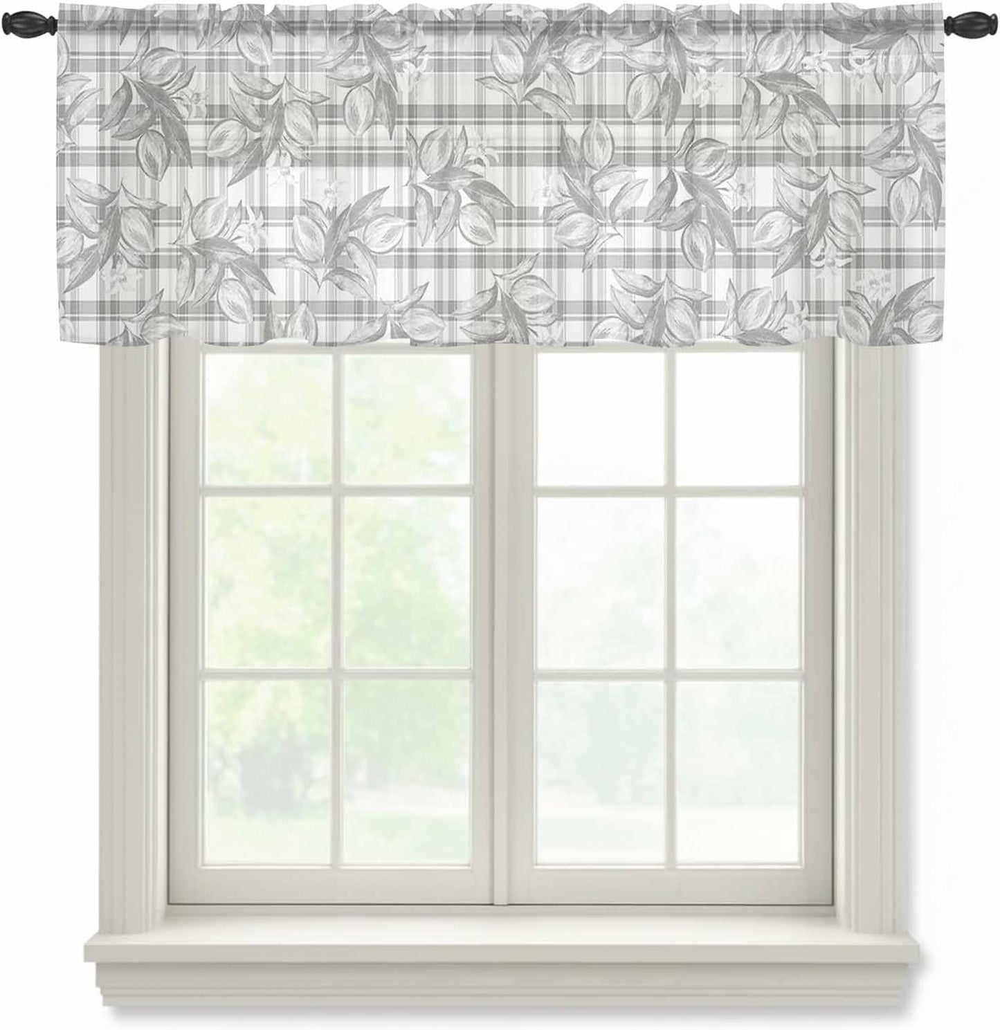 Hand Painted Sheer Curtain 18 Inch Long Summer Lemon Flowers Grey Plaid Light Filtering Rod Pocket Voile Curtain Valance for Bedroom Kitchen Cafe Window 54" W x 18" L