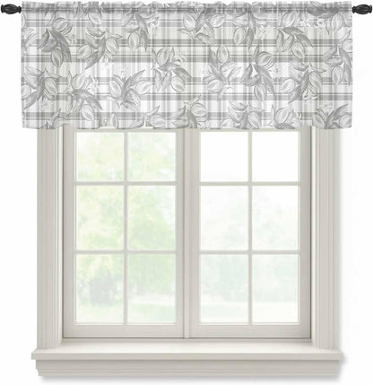 Hand Painted Sheer Curtain 18 Inch Long Summer Lemon Flowers Grey Plaid Light Filtering Rod Pocket Voile Curtain Valance for Bedroom Kitchen Cafe Window 54" W x 18" L