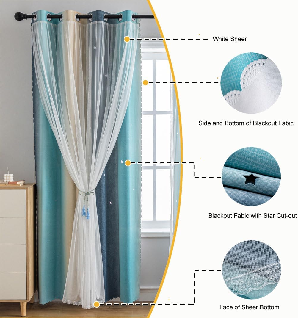 Star Girl and Kids Curtains for Bedroom Rainbow Ombre Double Layer Cute Shot Nursery Darkening Grommet Princess Room Décor 2 Panels Living Room Window Curtain (Yellow-Blue, 52W x 63L)