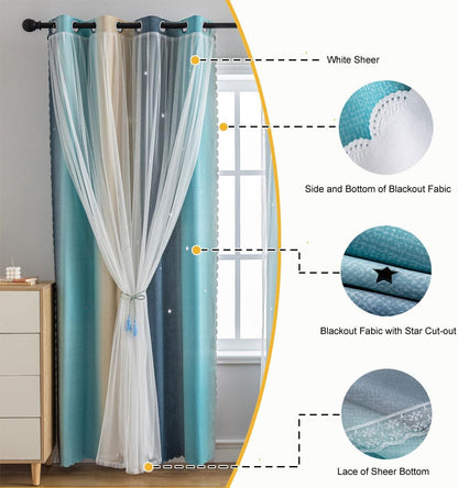 Star Girl and Kids Curtains for Bedroom Rainbow Ombre Double Layer Cute Shot Nursery Darkening Grommet Princess Room Décor 2 Panels Living Room Window Curtain (Yellow-Blue, 52W x 63L)