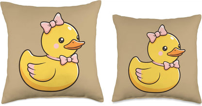 Cute Yellow Duck with Bows Womens Kawaii Farm Animal Cartoon Throw Pillow